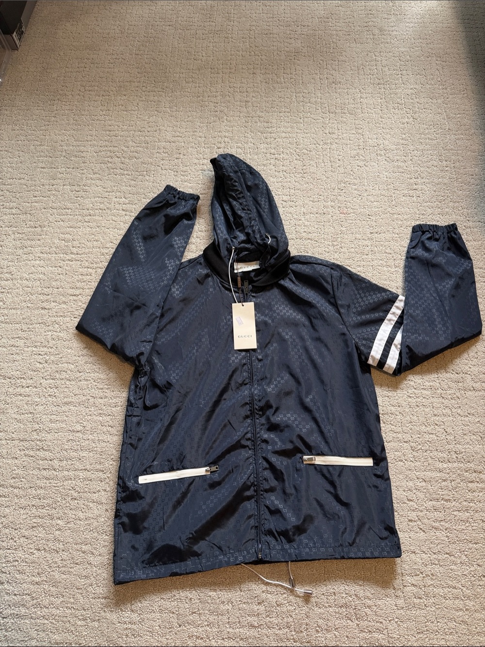 Gucci Navy Hooded Raincoat with White Stripe Detail